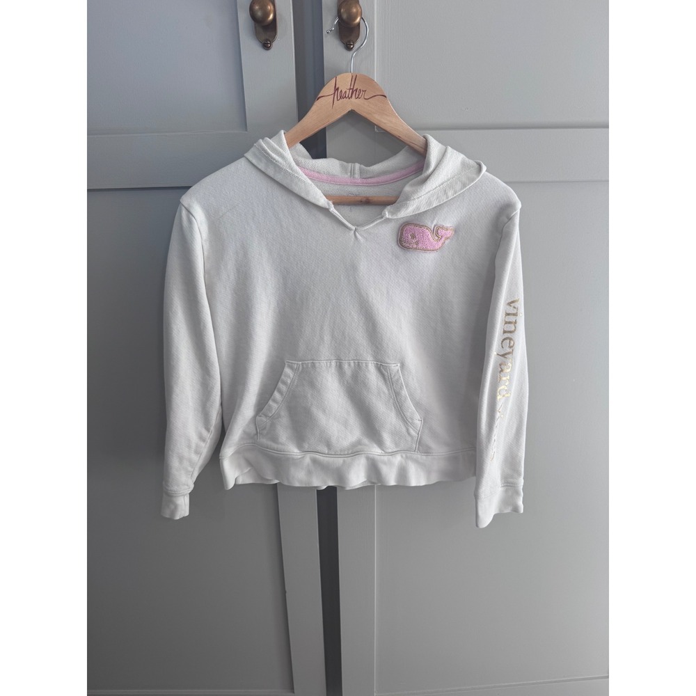 Vineyard Vines Girls White Pink Whale Logo Hoodie Gold Sleeve Graphic Large L 14